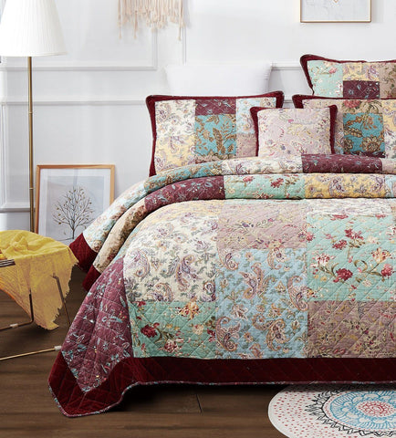 DaDa Bedding Bohemian Burgundy Red Velvet Trim Floral Paisley Patchwork Cotton Bedspread Set (JHW-868) by DaDa Bedding Collection