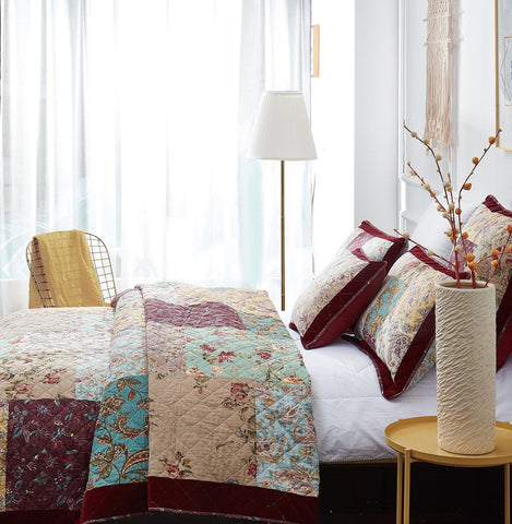 DaDa Bedding Bohemian Burgundy Red Velvet Trim Floral Paisley Patchwork Cotton Bedspread Set (JHW-868) by DaDa Bedding Collection