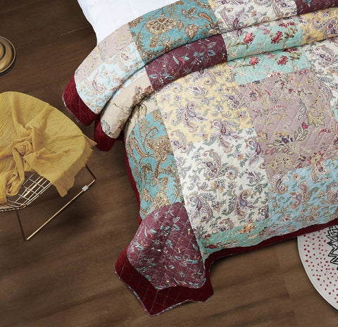DaDa Bedding Bohemian Burgundy Red Velvet Trim Floral Paisley Patchwork Cotton Bedspread Set (JHW-868) by DaDa Bedding Collection