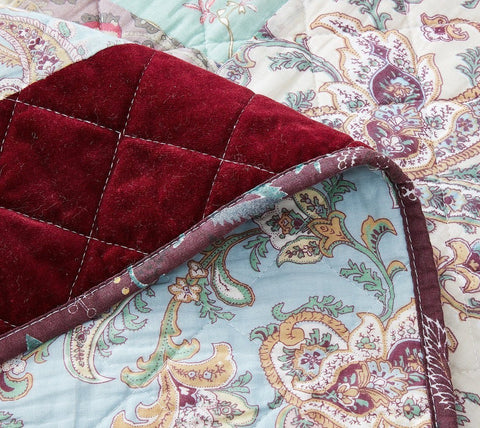 DaDa Bedding Bohemian Burgundy Red Velvet Trim Floral Paisley Patchwork Cotton Bedspread Set (JHW-868) by DaDa Bedding Collection