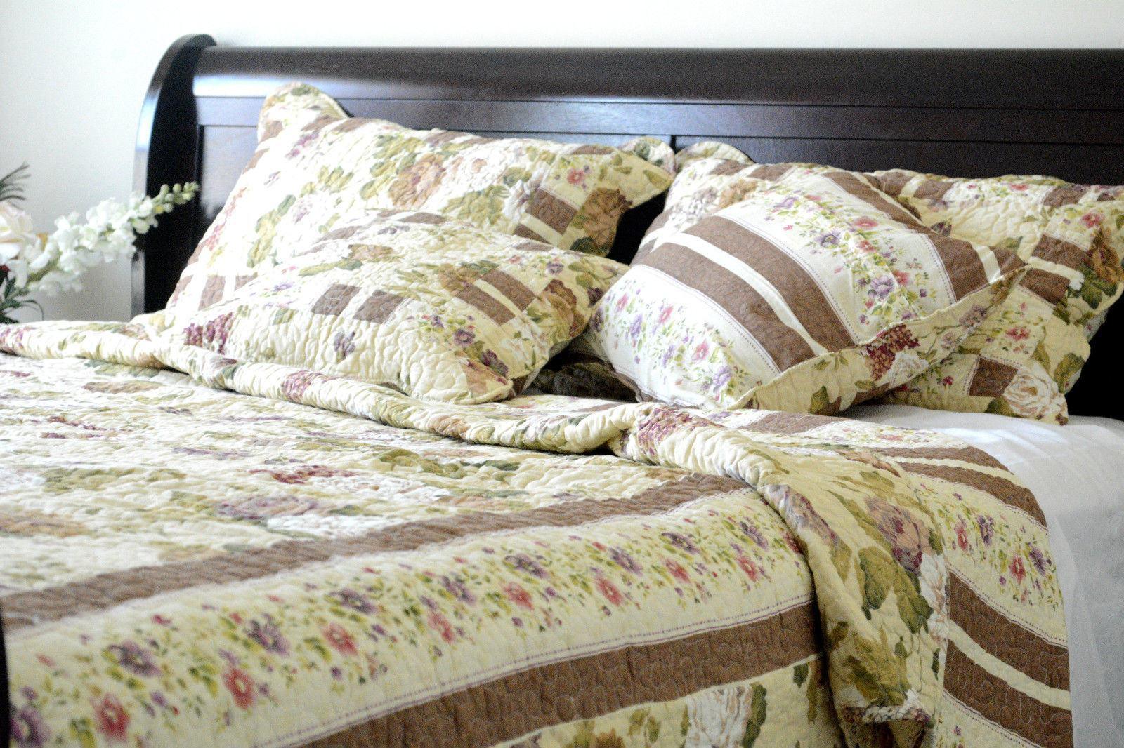  DaDa Bedding Collection DaDa Bedding Vintage Cottage Rose Garden Floral Ivory Yellow Cotton Scalloped Quilted Bedspread Set (DXJ103478) by DaDa Bedding Collection - Twin - Bonton