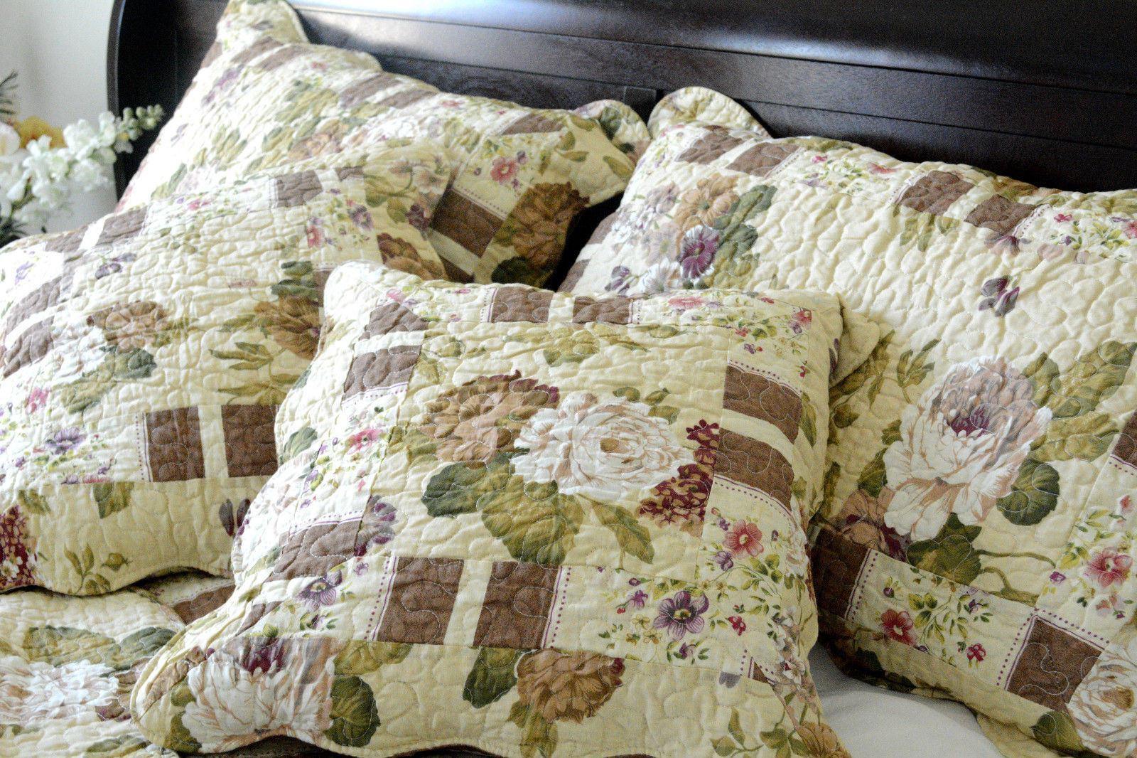  DaDa Bedding Collection DaDa Bedding Vintage Cottage Rose Garden Floral Ivory Yellow Cotton Scalloped Quilted Bedspread Set (DXJ103478) by DaDa Bedding Collection - Twin - Bonton