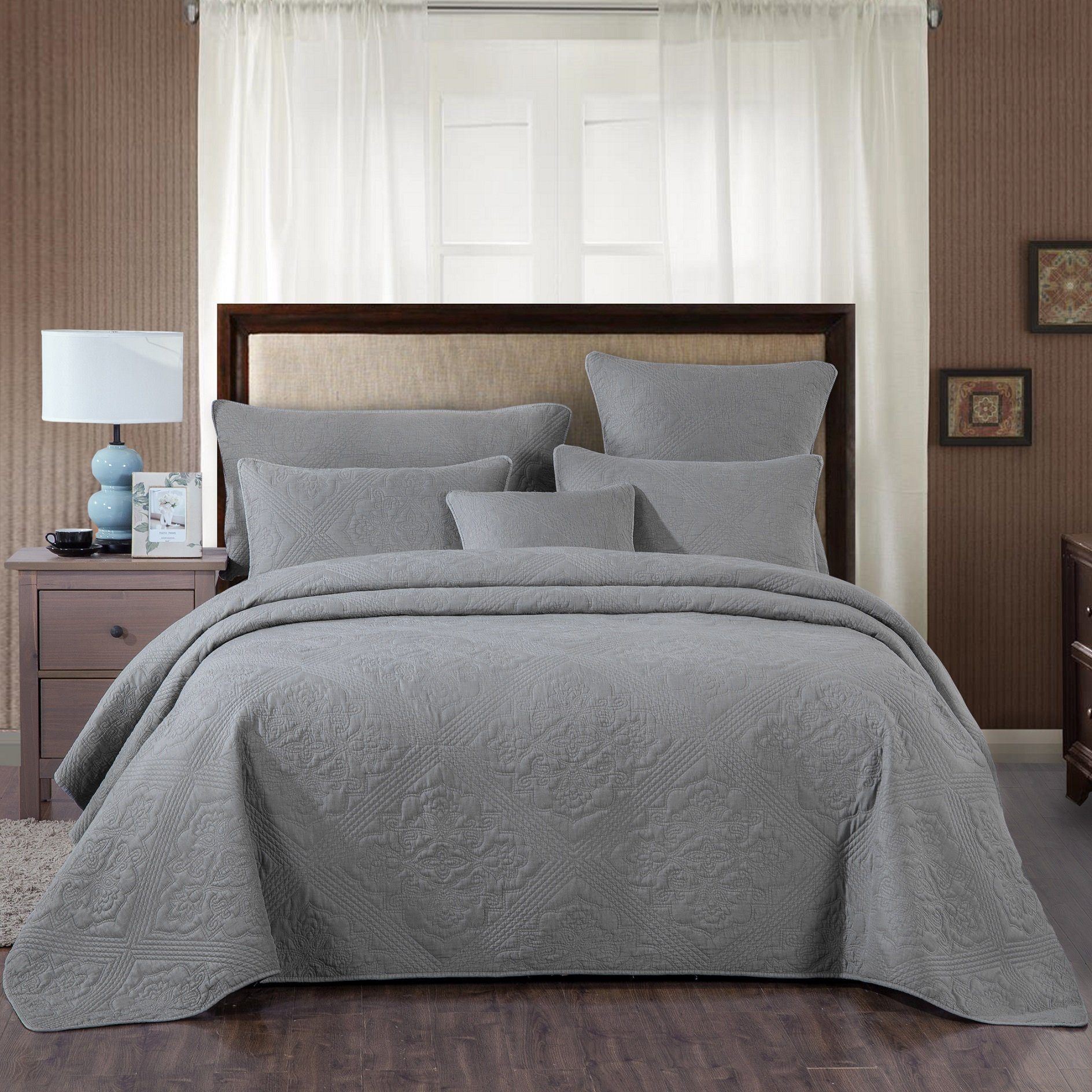  DaDa Bedding Collection DaDa Bedding Floral Vintage Stone Wash Grey Matelassé Ash Silver Diamond Pattern Quilted Bedspread Set (JHW855) by DaDa Bedding Collection - Twin - Bonton