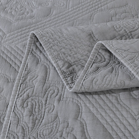 DaDa Bedding Floral Vintage Stone Wash Grey Matelassé Ash Silver Diamond Pattern Quilted Bedspread Set (JHW855) - DaDa Bedding Collection