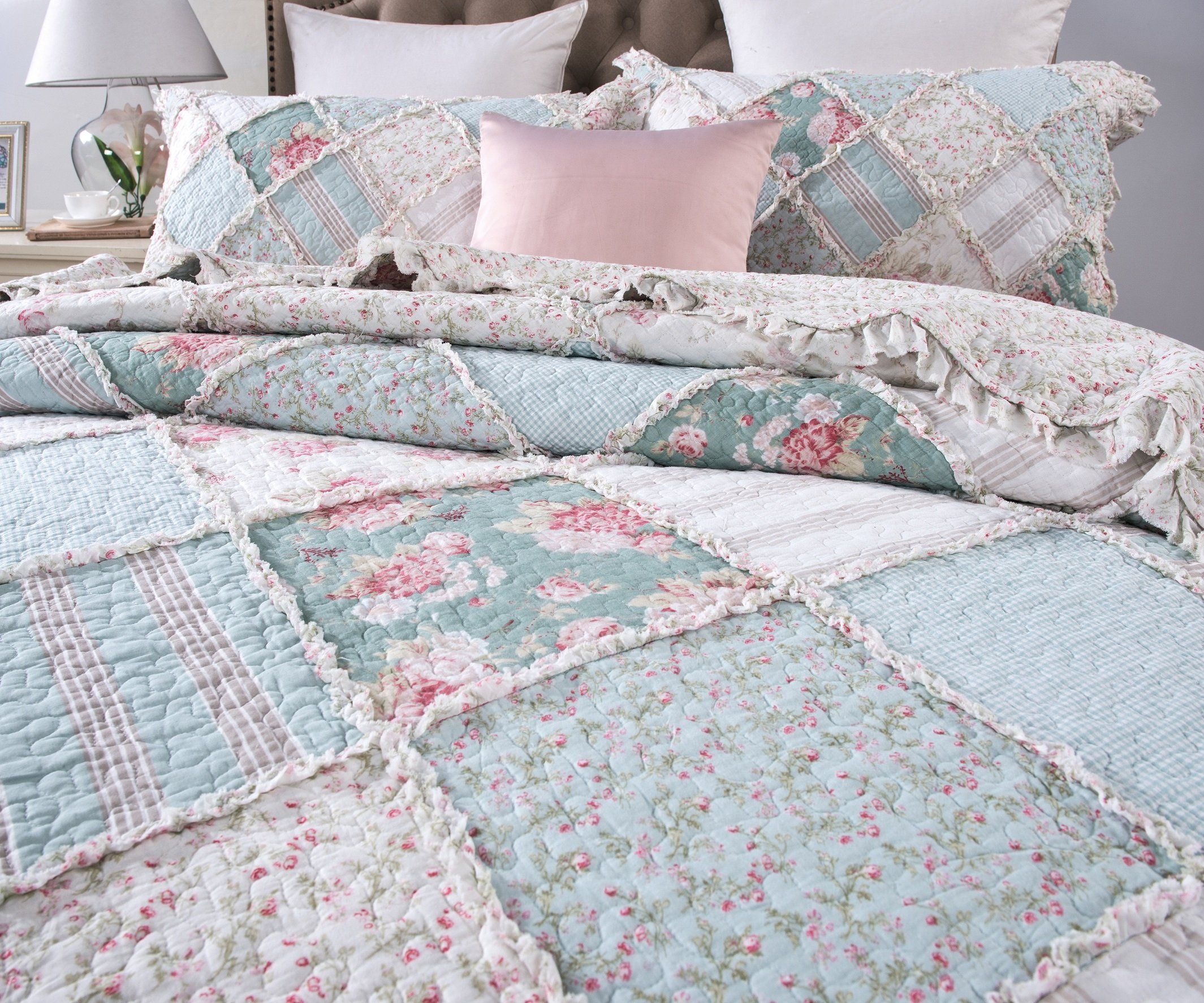  DaDa Bedding Collection DaDa Bedding Hint of Mint Floral Pastel Cotton Patchwork Ruffle Bedspread Set (JHW-3036) by DaDa Bedding Collection - King - Bonton