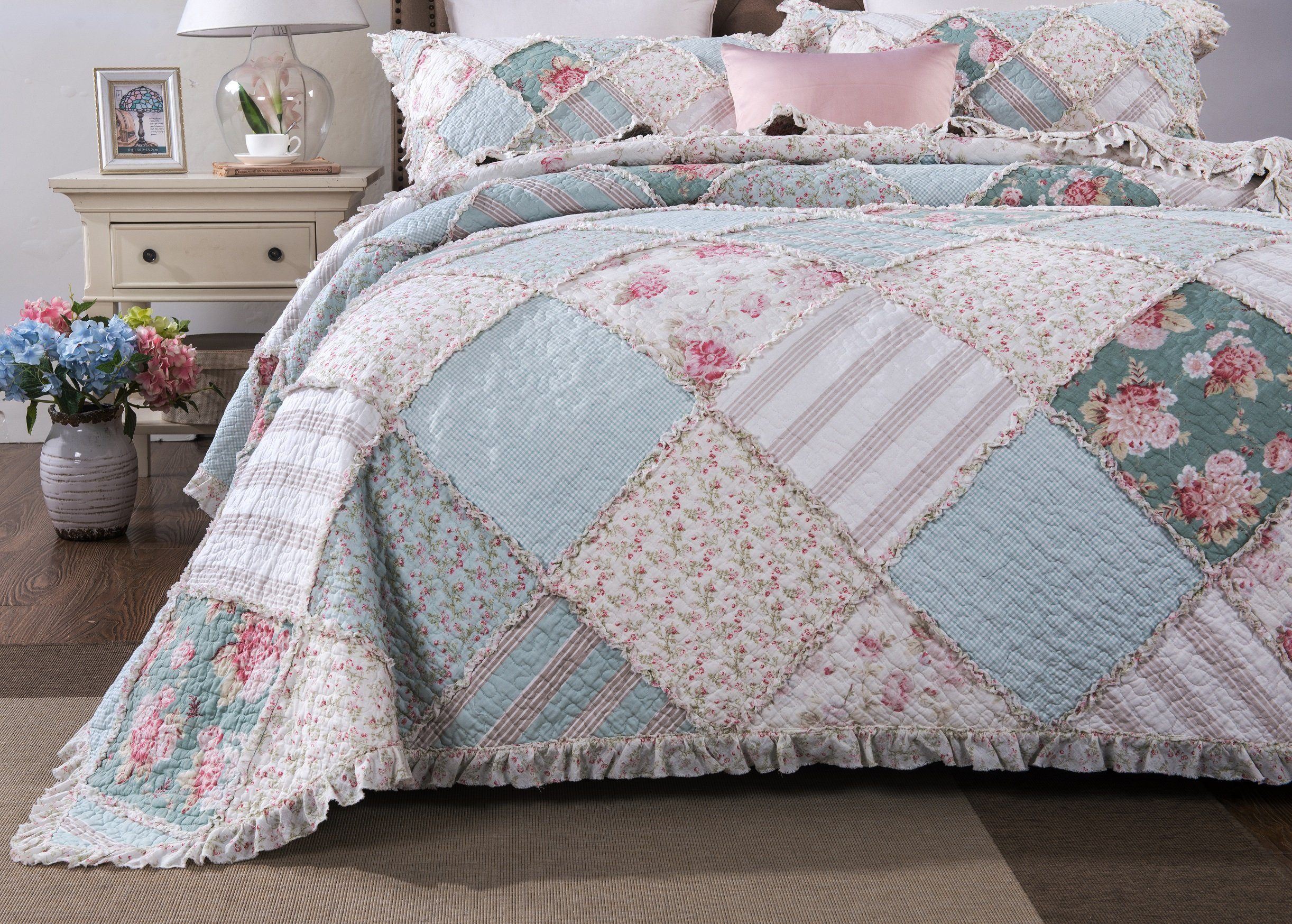  DaDa Bedding Collection DaDa Bedding Hint of Mint Floral Pastel Cotton Patchwork Ruffle Bedspread Set (JHW-3036) by DaDa Bedding Collection - King - Bonton