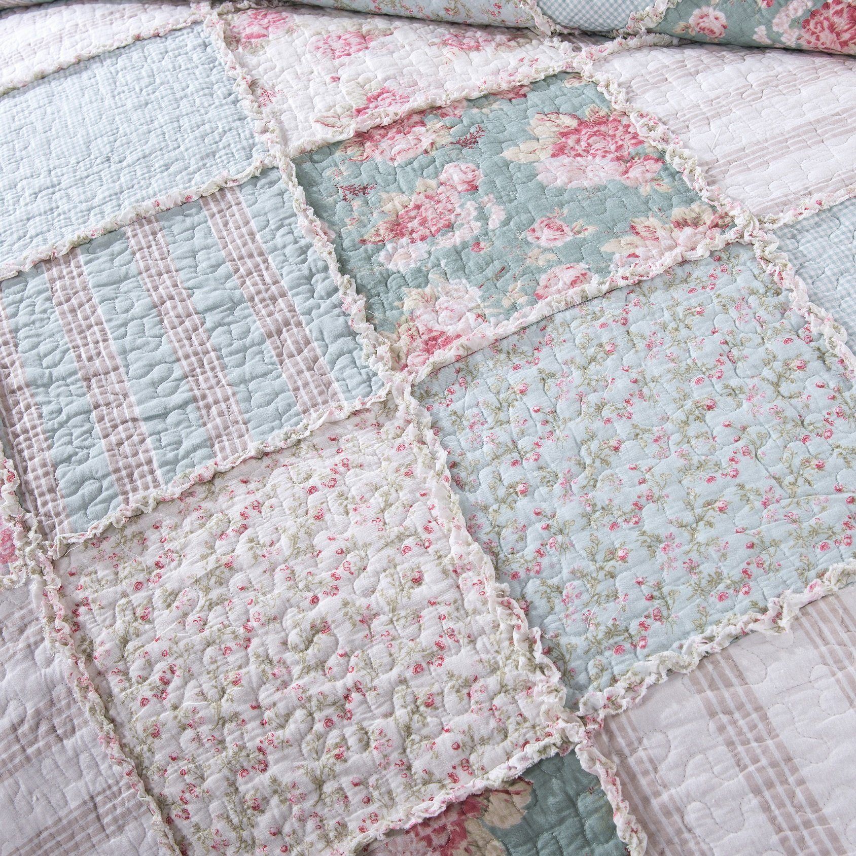 DaDa Bedding Collection DaDa Bedding Hint of Mint Floral Pastel Cotton Patchwork Ruffle Bedspread Set (JHW-3036) by DaDa Bedding Collection - King - Bonton