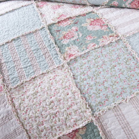 DaDa Bedding Hint of Mint Floral Pastel Cotton Patchwork Ruffle Bedspread Set (JHW-3036) - DaDa Bedding Collection