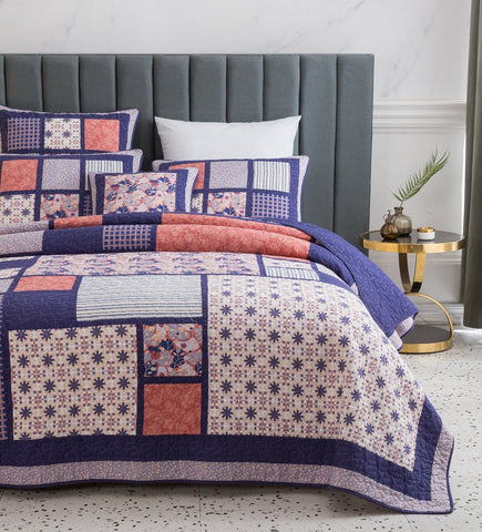 DaDa Bedding Peachy Pink Floral Blossoms Plum Purple Patchwork Quilted Bedspread Set - Designed in USA (JHW877) by DaDa Bedding Collection