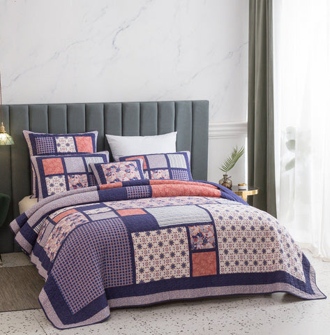 DaDa Bedding Peachy Pink Floral Blossoms Plum Purple Patchwork Quilted Bedspread Set - Designed in USA (JHW877) by DaDa Bedding Collection