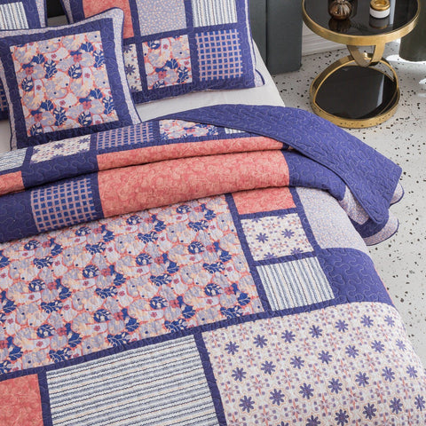 DaDa Bedding Peachy Pink Floral Blossoms Plum Purple Patchwork Quilted Bedspread Set - Designed in USA (JHW877) by DaDa Bedding Collection