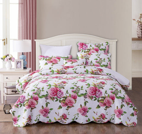 DaDa Bedding Romantic Roses Lovely Spring Pink Floral Quilted Scalloped Bedspread Set (JHW879) by DaDa Bedding Collection