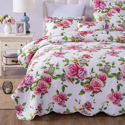 DaDa Bedding Romantic Roses Lovely Spring Pink Floral Quilted Scalloped Bedspread Set (JHW879) by DaDa Bedding Collection
