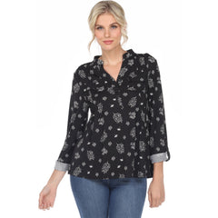 Women's Pleated Long Sleeve Leaf Print Blouse