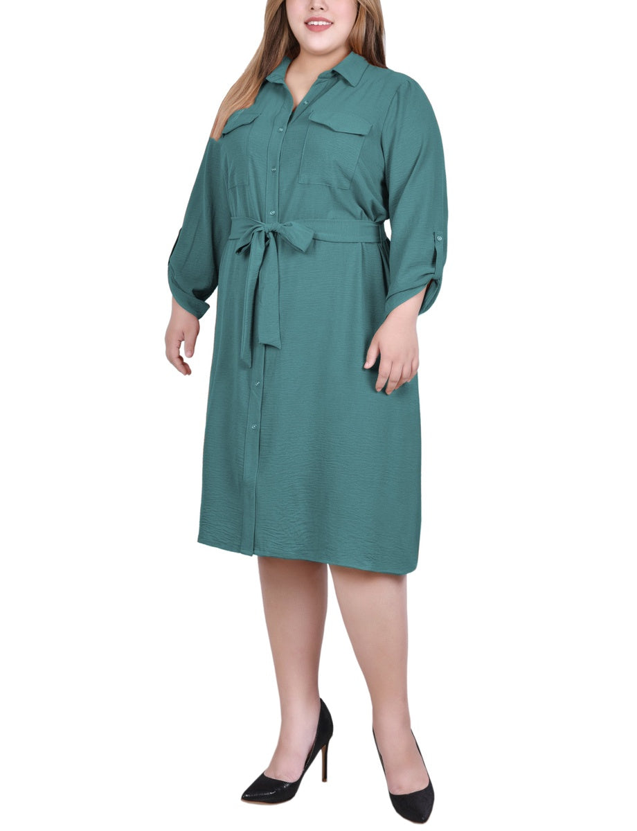  NY Collection Plus Size Long Roll Tab Sleeve Shirtdress - Burnt Olive - Bonton