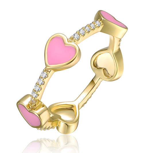 Kids/Teens 14k Gold Plated With Cubic Zirconia Colored Enamel Heart Stacking Ring