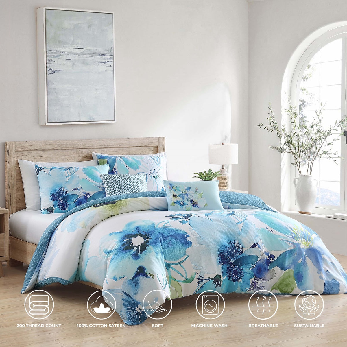  Bebejan Watercolor Blue 100% Cotton 5-Piece Reversible Comforter Set - QUEEN - Bonton