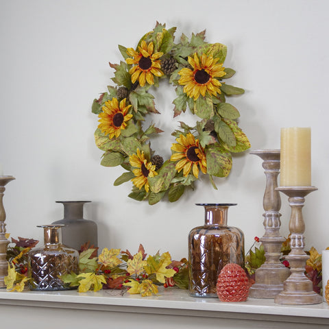 Yellow Sunflower and Pine Cone Artificial Fall Harvest Wreath - 24 Inch  Unlit