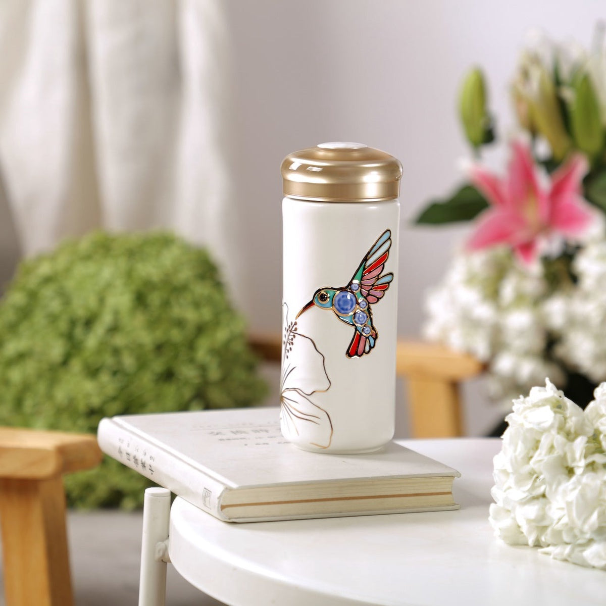  Acera The Hummingbird Travel Mug - Pink and Hand Painted Multi Colored Bird - Bonton