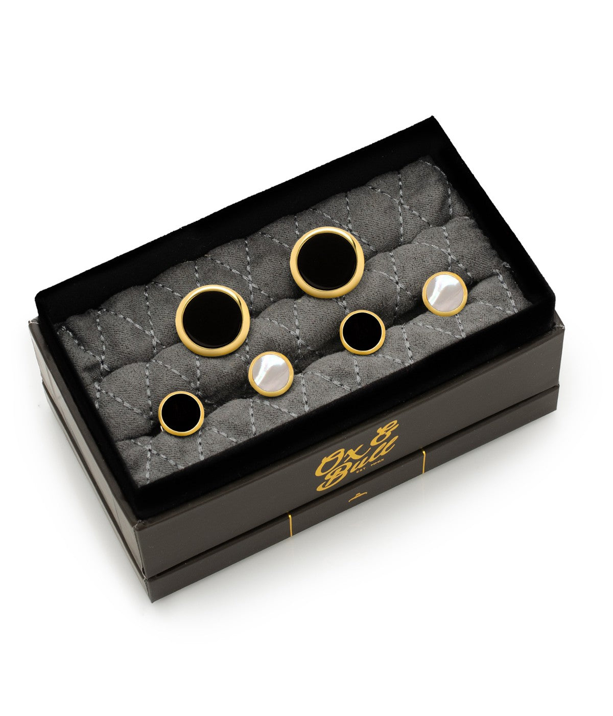  Cufflinks Double Sided Round Beveled Stud Set - Black & Gold - Bonton