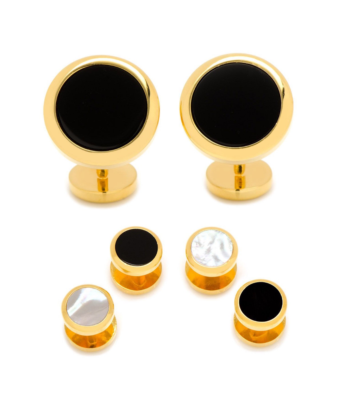  Cufflinks Double Sided Round Beveled Stud Set - Black & Gold - Bonton