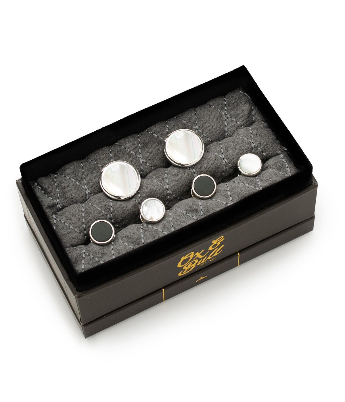  Cufflinks Double Sided Round Beveled Stud Set - White - Bonton