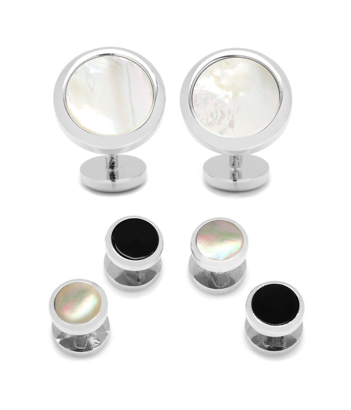  Cufflinks Double Sided Round Beveled Stud Set - White - Bonton