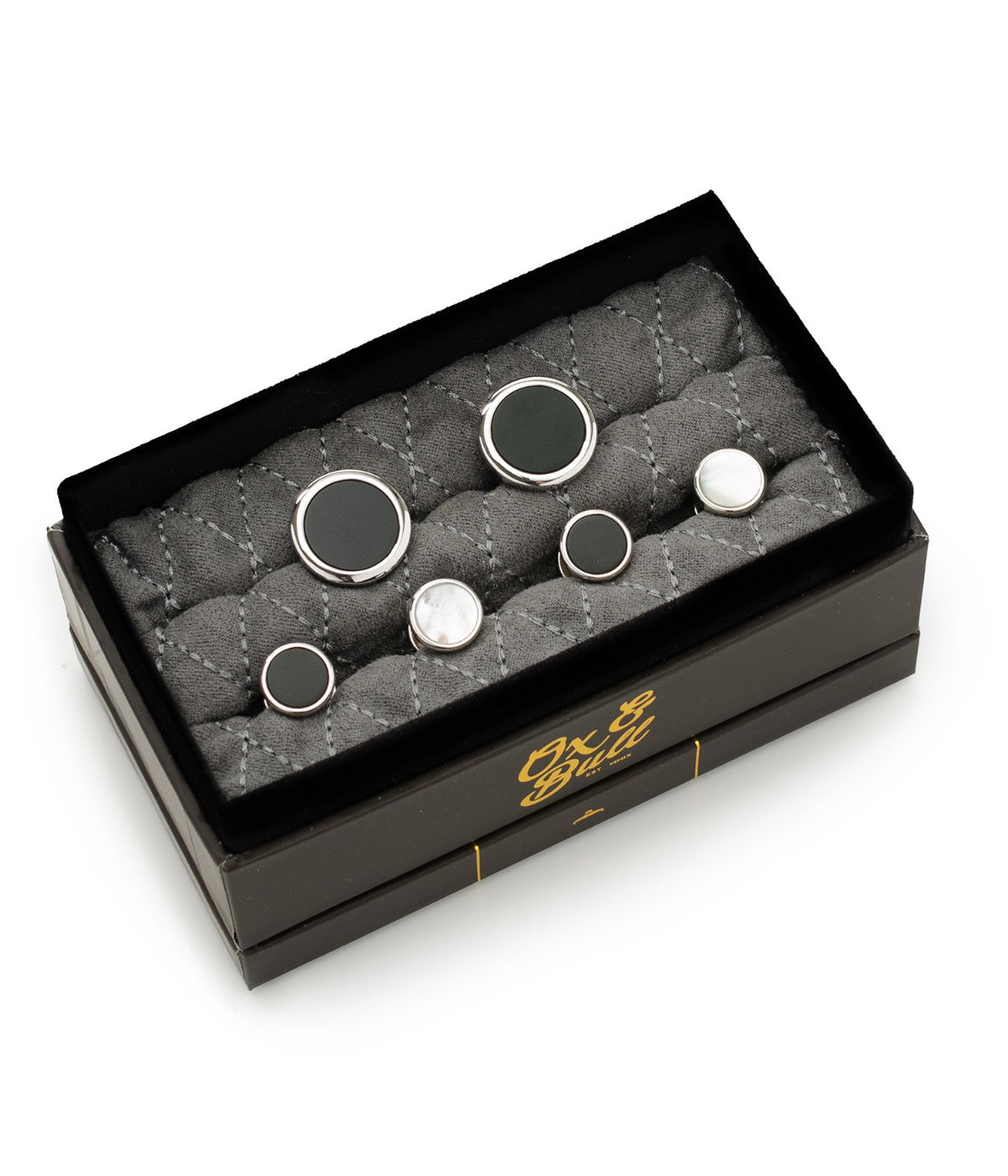  Cufflinks Double Sided Round Beveled Stud Set - Black & Silver - Bonton