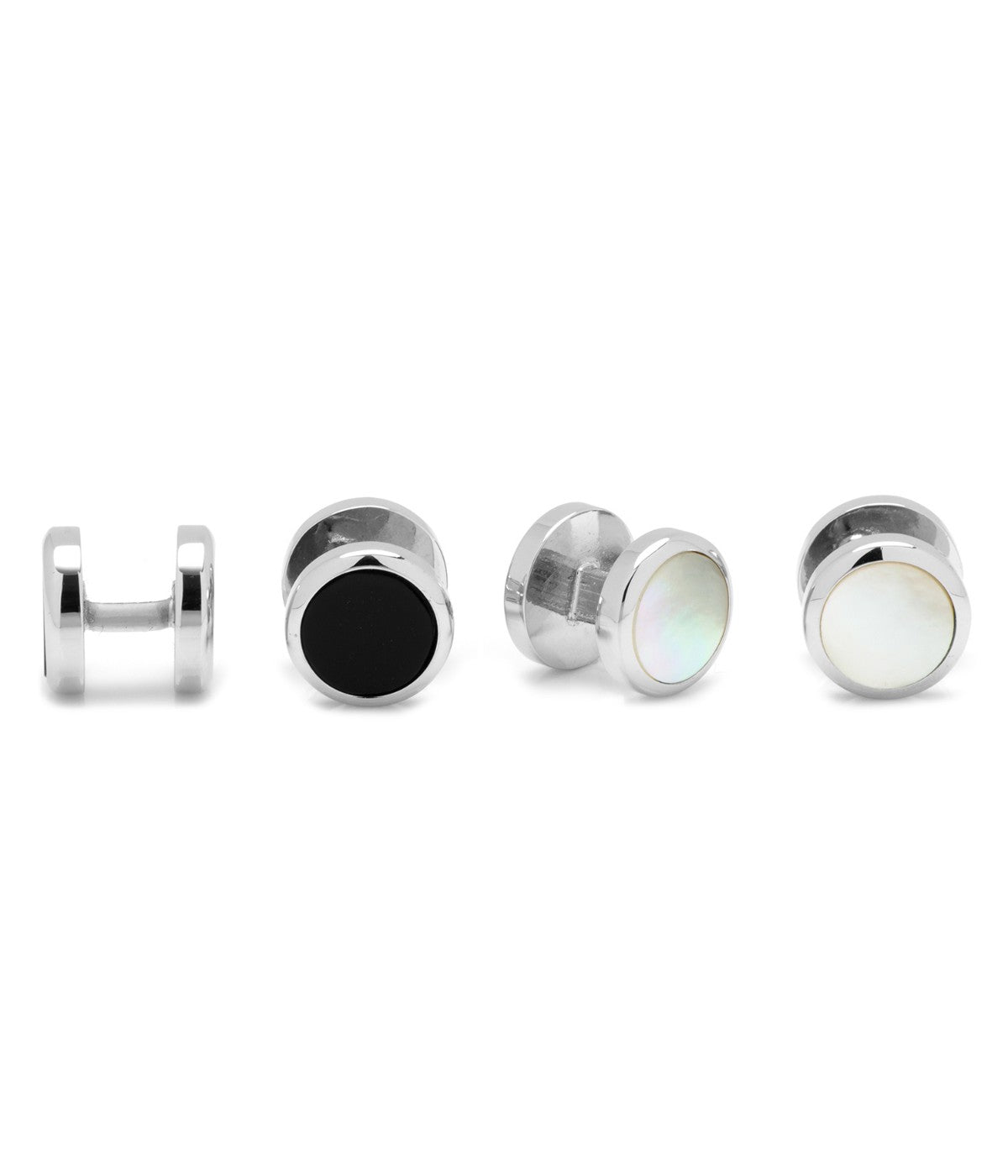  Cufflinks Double Sided Round Beveled Stud Set - Black & Silver - Bonton