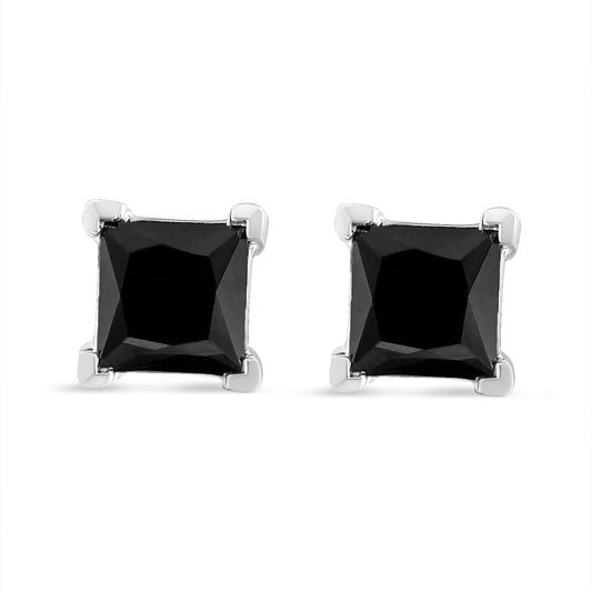 .925 Sterling Silver 2.00 Cttw Princess-Cut Square Black Diamond Classic 4-Prong Stud Earrings With Screw Backs (Fancy Color-Enhanced, I2-I3 Clarity)