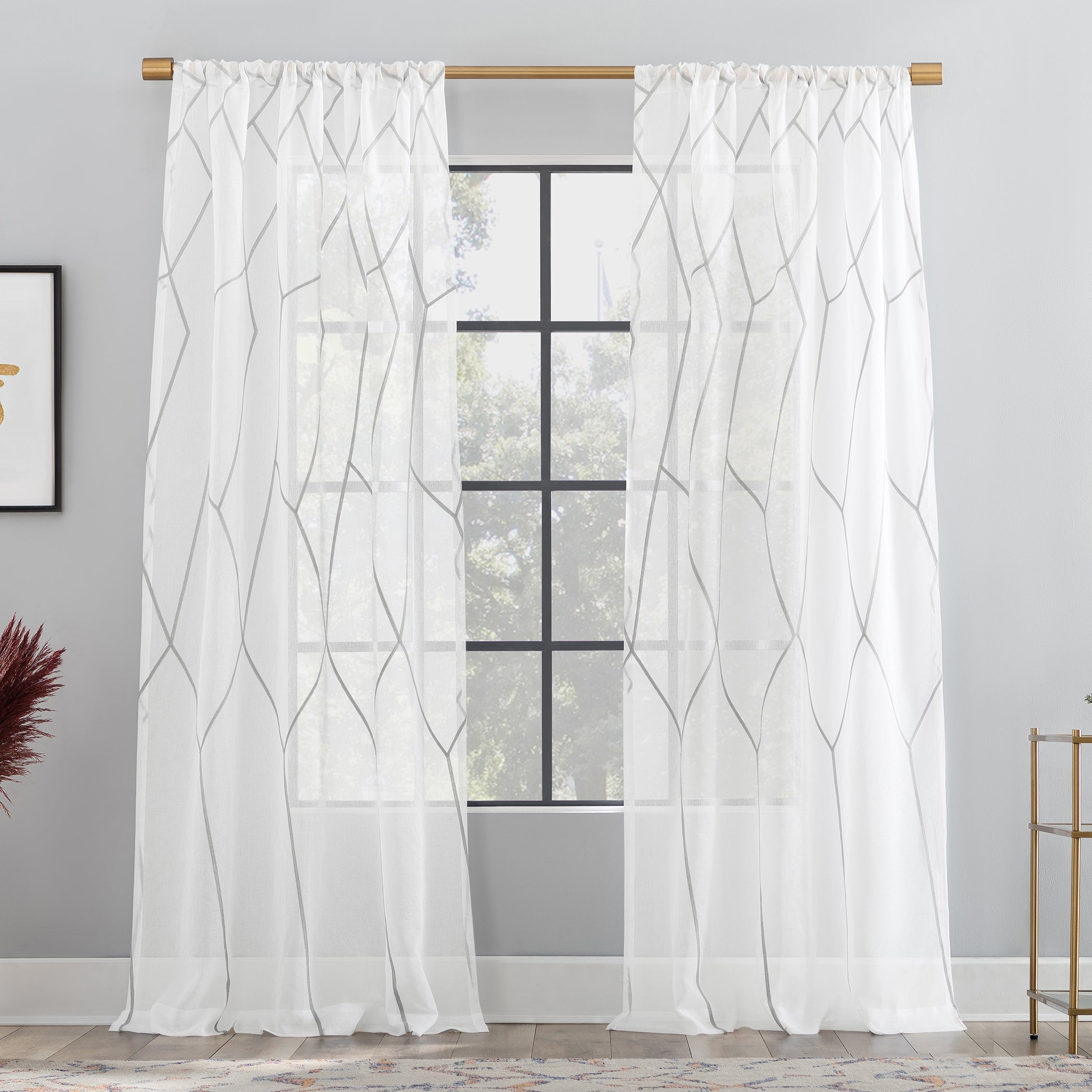  Azlan Geometric Embroidery Sheer Rod Pocket Curtain Panel - Gray - Bonton