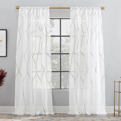 Azlan Geometric Embroidery Sheer Rod Pocket Curtain Panel