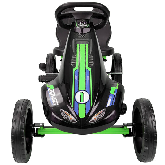 Air Jet Pedal Go Kart - Green - Kids, Sporty Graphics on The Front Fairing, Adjustable Bucket Seat, 4 Spoke Rims w/ 10" EVA Wheels, Sporty Steering Wheel, Kids Go Kart Ages 4+-Multi-One Size-2