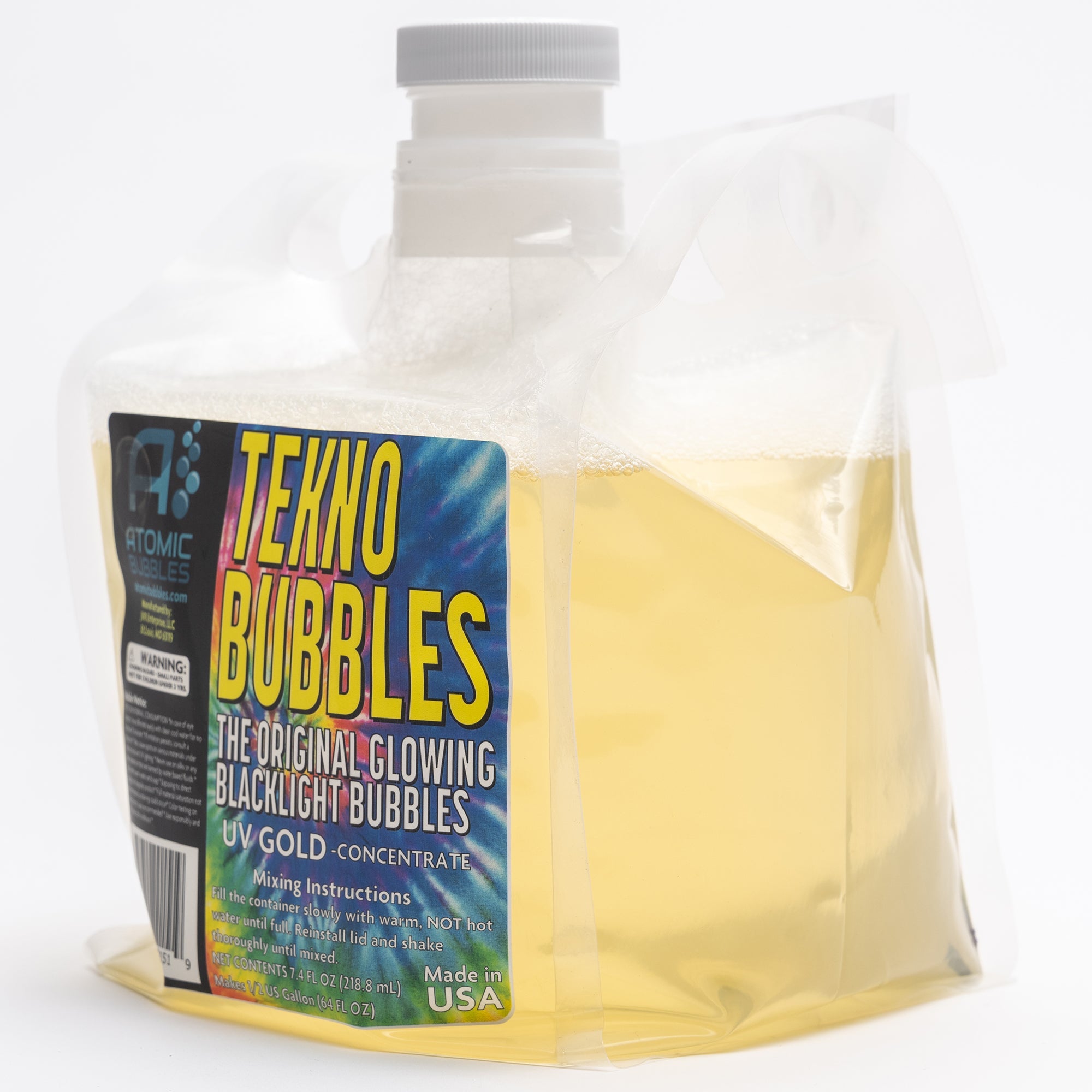  JVR Enterprises Atomic Bubbles: Tekno Bubbles 64oz Smart Pouch Refill - Gold - UV Blacklight Glow Bubbles, Glow Parties, Indoor & Outdoor, Safe For Kids, Non-Toxic - Multi - Bonton