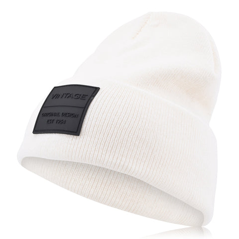 Vintage Havana Off White Beanie for Women & Men | Thick Cuffed Knitted Winter Hat Beanies Unisex Skull Caps| Vintage Logo Patch