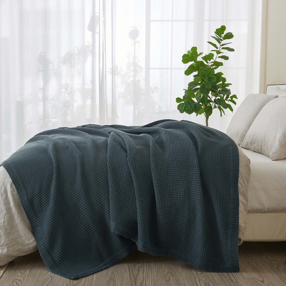  Patina Vie Maison Patina Vie Maison 100% Cotton All-Season Waffle Weave Knit Throw Blanket - Full / Queen - Bonton