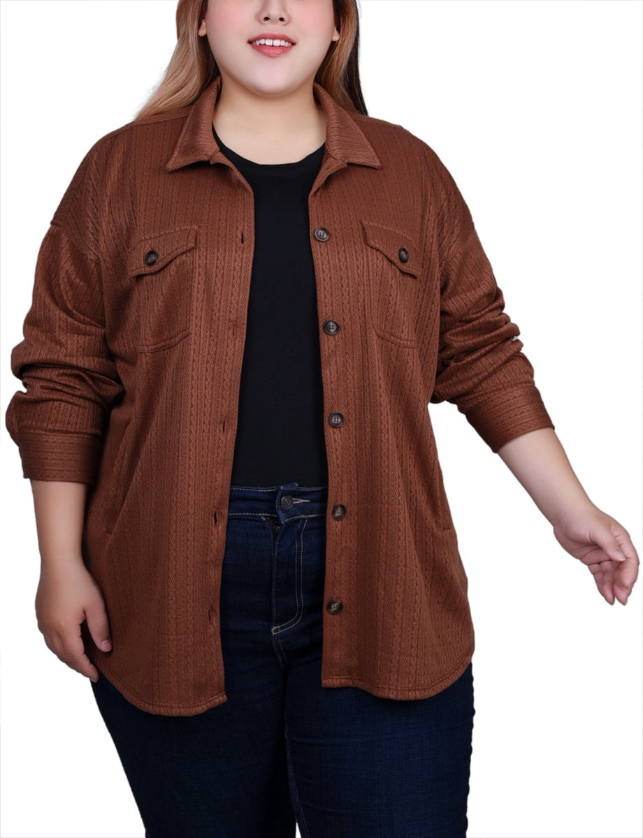  NY Collection Plus Size Long Sleeve Textured Knit Shirtjacket - Camel - Bonton