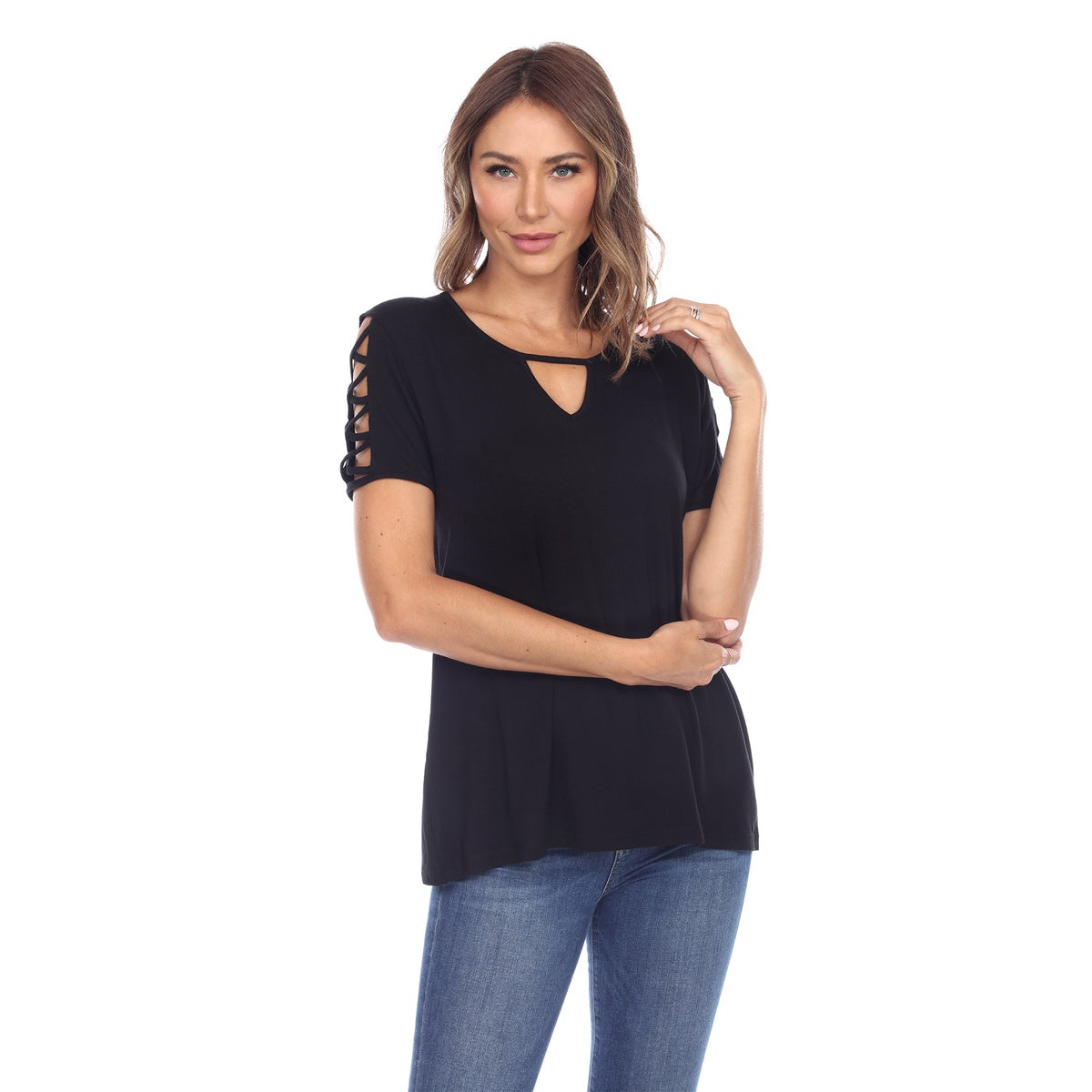  White Mark Women's Keyhole Neck Cutout Short Sleeve Top - S - Bonton