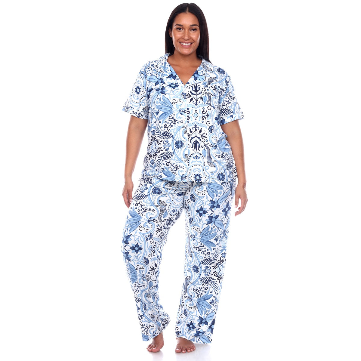  White Mark Plus Size Short Sleeve & Pants Tropical Pajama Set - 1X - Bonton