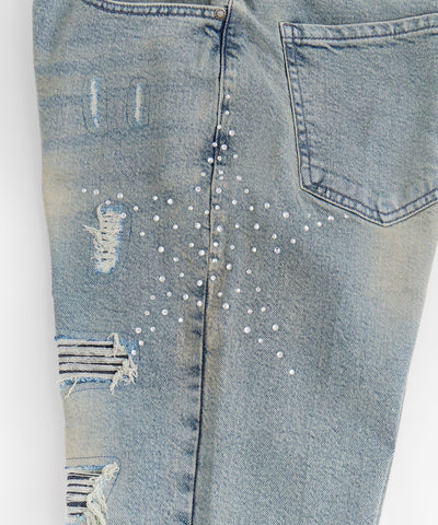 Skinny Fit Rhinestone Denim Jeans - Dark Blue