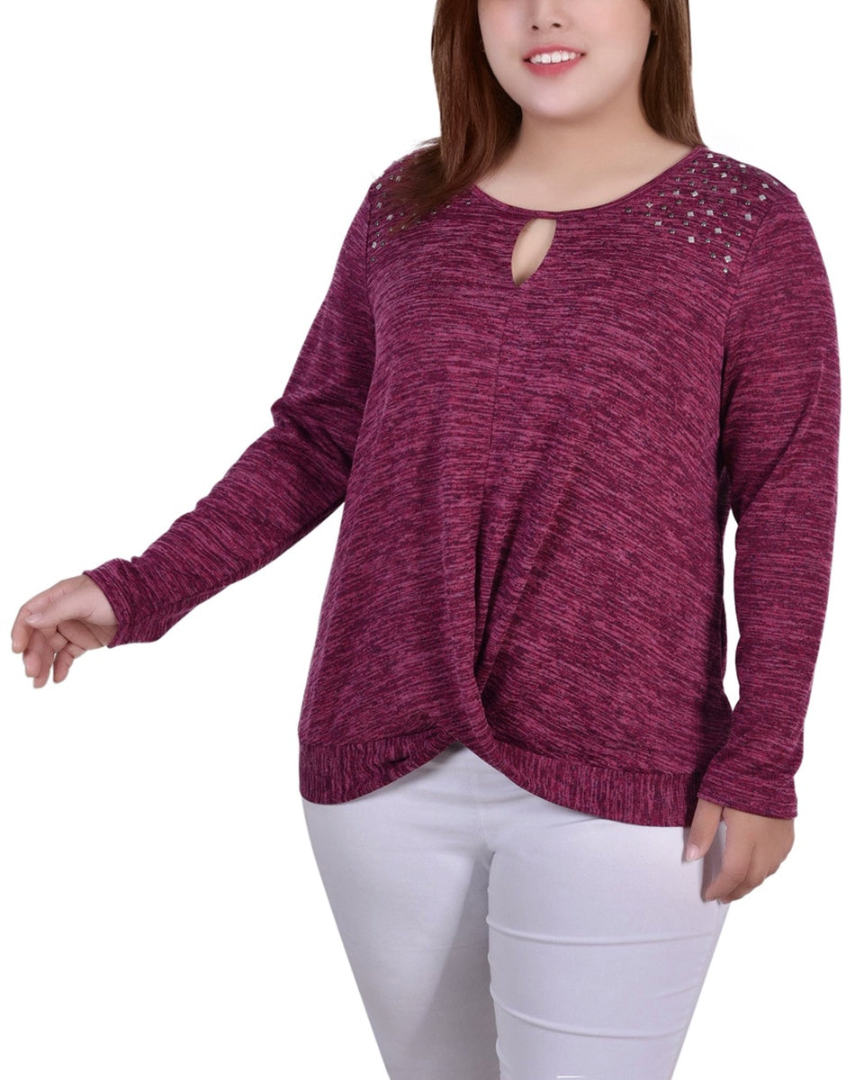  NY Collection Plus Size Long Sleeve Knit Keyhole Top With Studs - Navy - Bonton