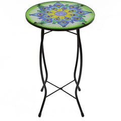 19" Green and Blue Peacock Flower Tail Glass Patio Side Table