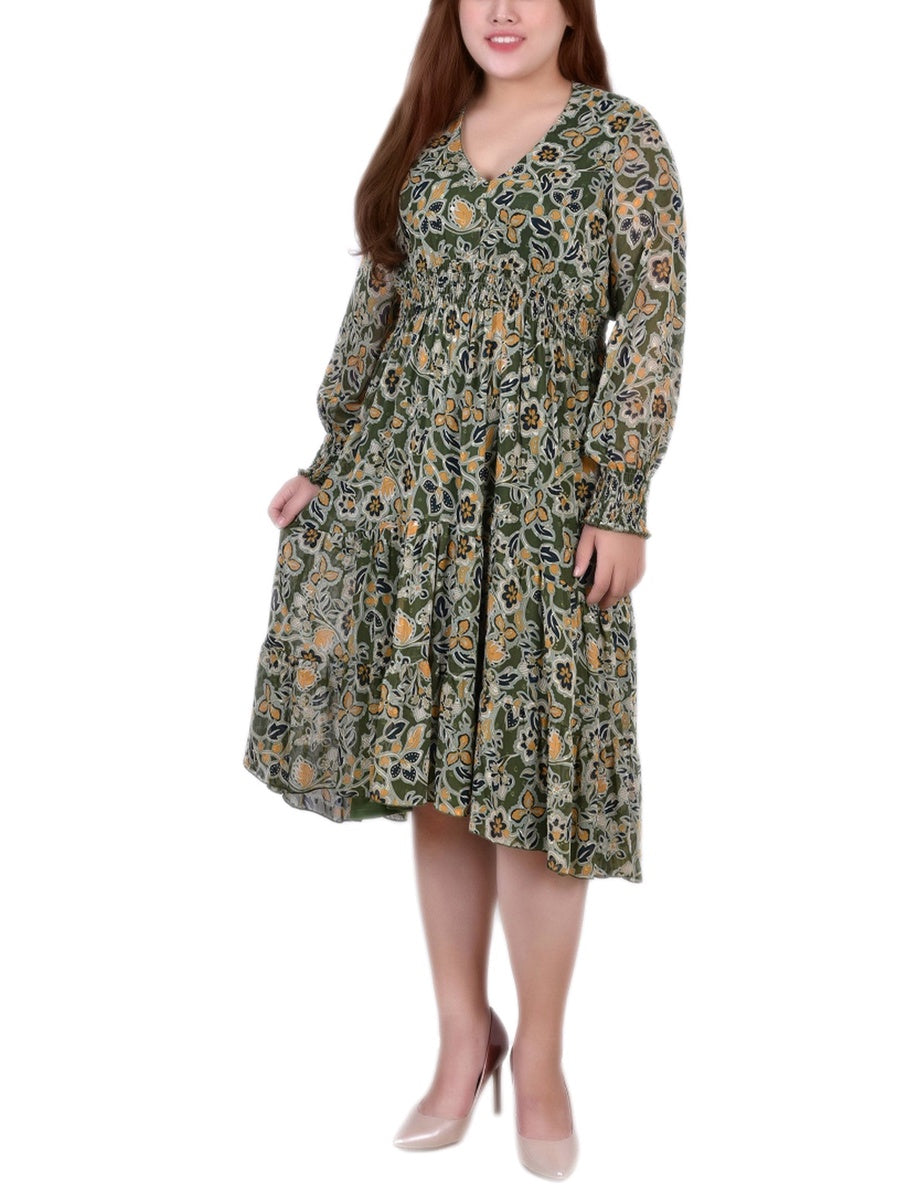  NY Collection Plus Size Long Sleeve Clip Dot Chiffon Dress With Smocked Waist and Cuffs - Navy Floral - Bonton