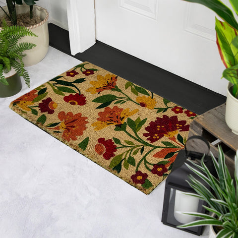 Natural Coir Autumn Floral and Foliage Door Mat 18" X 30" - Red  Orange  Yellow