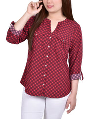 Petite 3/4 Sleeve Roll Tab Y Neck Blouse