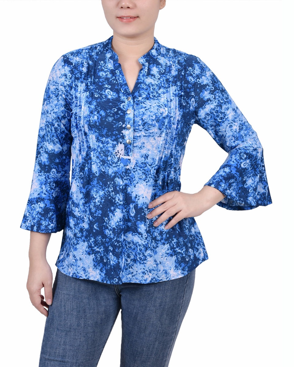  NY Collection 3/4 Bell Sleeve Pleat Front Y Neck Top - Mauve Tie Dye - Bonton