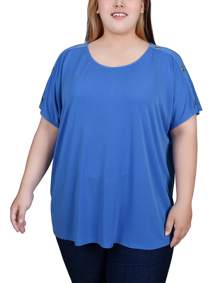  NY Collection Plus Size Short Sleeve Extended Sleeve Tunic Top - Magenta Pyramid - Bonton