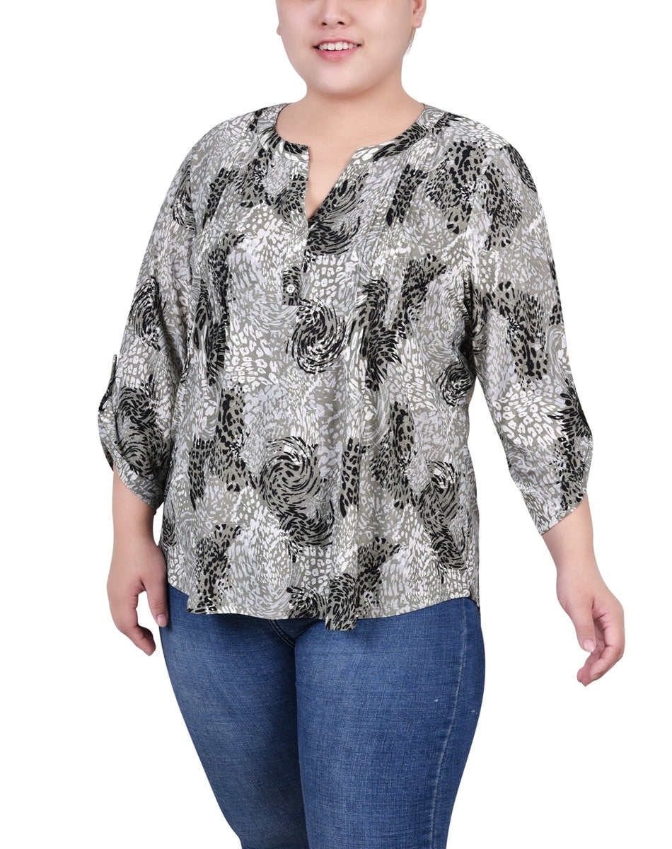  NY Collection Plus Size 3/4 Roll Tab Sleeve Y Neck Top - Grey Floral - Bonton