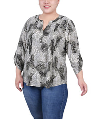 Plus Size 3/4 Roll Tab Sleeve Y Neck Top