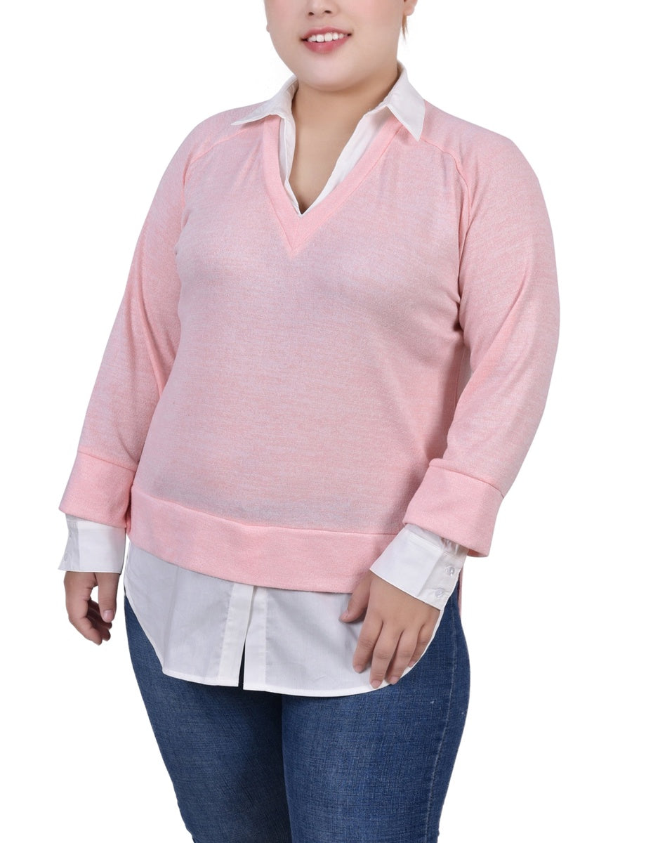  NY Collection Plus Size Long Sleeve Two-Fer Top - Peach White - Bonton